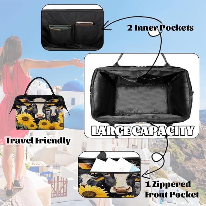 Gym Bag for Women Men, Watercolor Yellow Sunflowers Cow Sports Duffel Bags, Waterproof Travel Weekender Overnight Carry On Tote Bags for Travel Sports