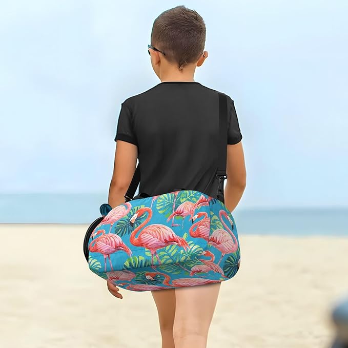 Vintage Painting Flamingos Palm Leaf Blue Boy's Gym Duffel Bag with Shoes Compartment Multifunctional Carry on Luggage for Beach Swim Bags Pool Sports