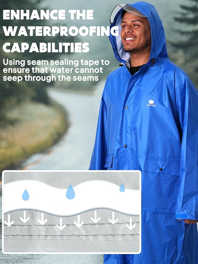 ANYOO Waterproof Rain Jacket for Men Women Lightweight Long Sleeve Raincoat with Hood Emergency Rain Poncho Adults for Hiking