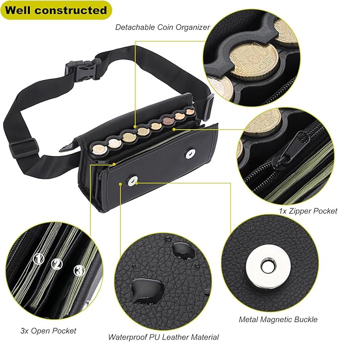 BSTKEY Euro Coin Holder Coin Dispenser, Fanny Pack with Banknote Waiters Purse Coin Sorter, PU Coin Organizer, Black Coin Storage Bag with Belt for Waitress Server Collector Cashier Change