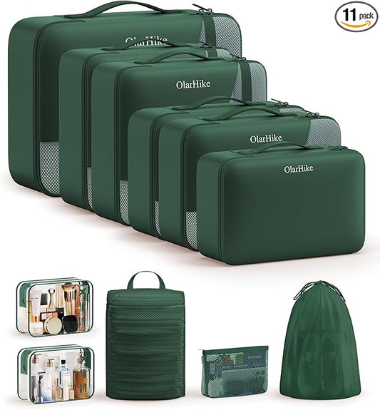11 Set Packing Cubes for Travel, Gifts for Women Mom Kids, TSA Approved Bags for Makeup, Cosmetic, Toiletry, Suitcase Organizers for Checked Luggage, Cruise Essentials,Airplane Accessories, Dark Green