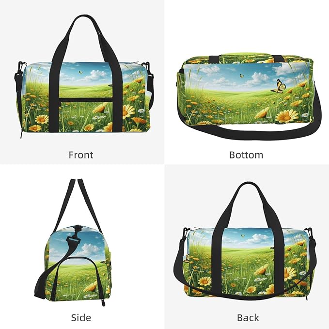 Sunny Meadow Print Gym Bag with Shoe Compartment for Women Men, 17.7in Sports Duffle Weekender Tote, Overnight Travel Duffel Bag Carry On