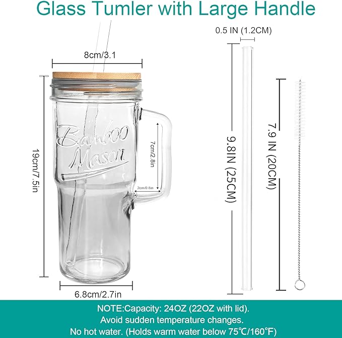 ANOTION Glass Cups with Lids and Straws - 24 oz Tumbler with Handle Christmas Coffee Cups Glass Straws Mason Jar Cups Drinking Set Kitchen Essentials Coffee Bar House Warming Gifts New Home