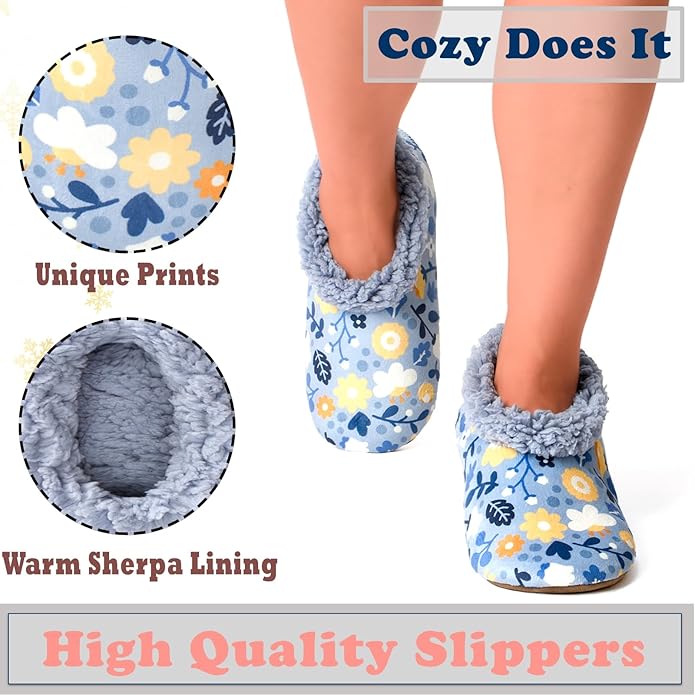 Soft Fuzzy Slippers for Women Indoor, Warm Furry House Sock Shoes Fluffy Lined, Bedroom Booties Non-Slip Gripper Soles, Winter Cozy Christmas Gifts