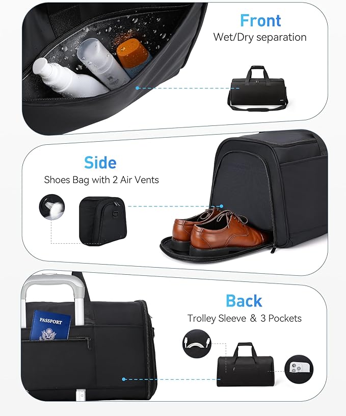 Convertible Travel Garment Bag, Carry on Garment Duffel Bag, 2 in 1 Hanging Dress Suitcase Suit Travel Bags for Business Trips with Shoe Compartment & Multiple Pockets, AGPTEK (Black)
