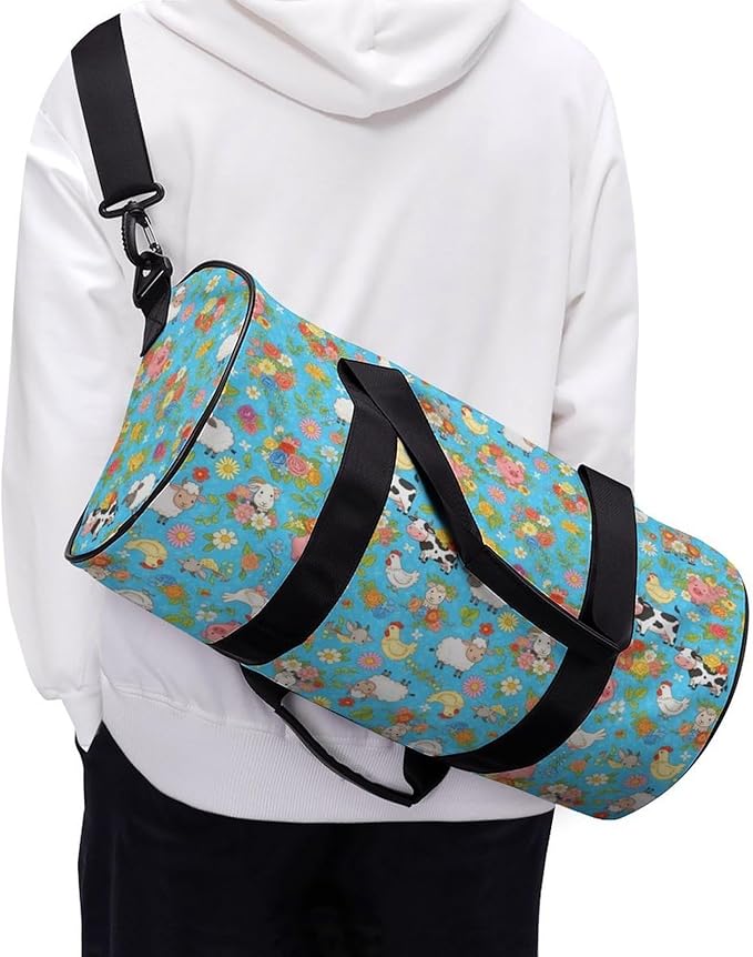 Foldable Gym Bag Farm Animals Cow Sheep Goat Chick Floral Lightweight Travel Sports Bag Carry On Weekender Overnight Bags Beach Yoga Bags