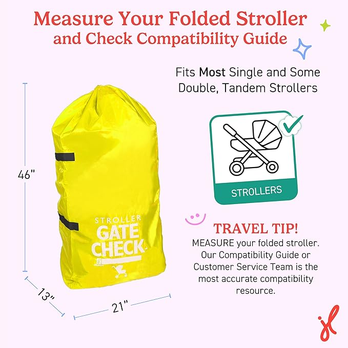 J.L. Childress Gate Check Bag for Single & Some Double Strollers - Travel Bag for Airplane, Fits Most Standard Baby Strollers, Airport Accessories Gate Check, Flying Essentials - Neon Yellow