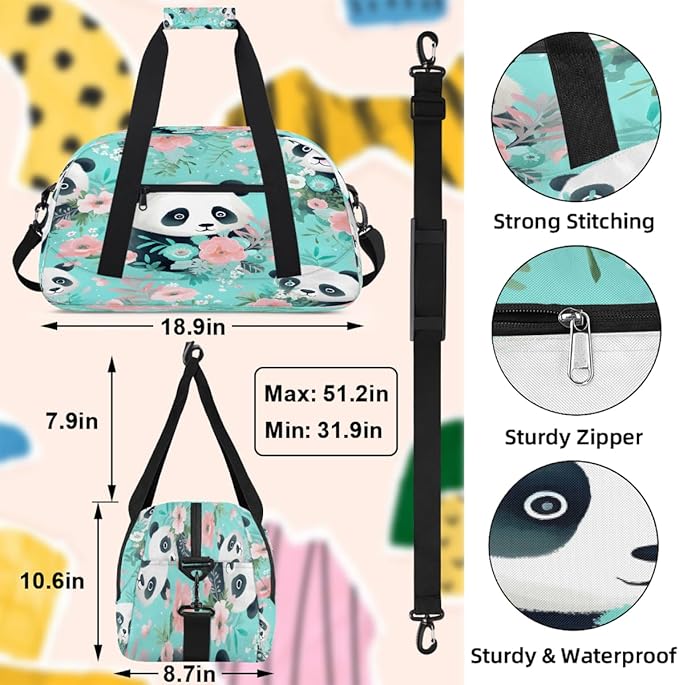 Sports Duffel Bags, Panda Flower Pattern Water-Resistant Gym Duffle Bag for Men Women, Lightweight Weekender Overnight Bag for Fitness, Workout, Travel