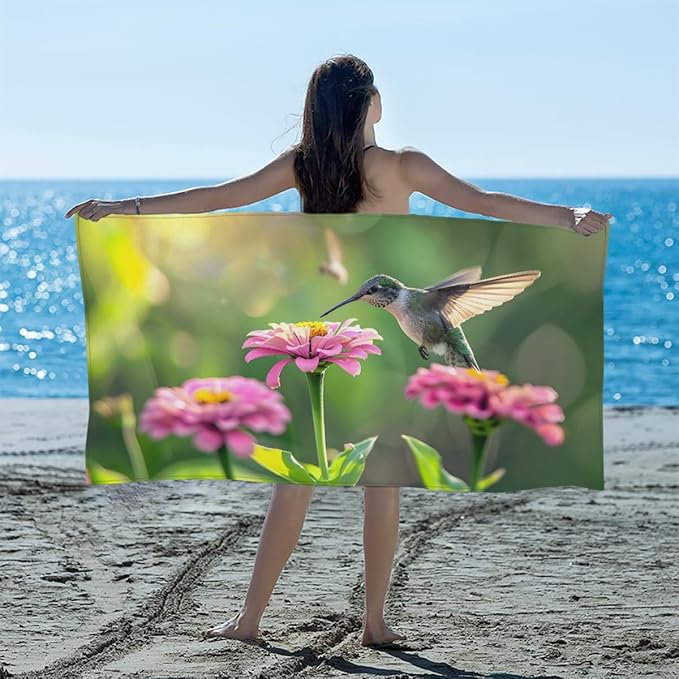 Hummingbird Flower Beautiful Beach Towel, Large Microfiber Quick Dry Lightweight Pool Bath Towels Sand Free Beach Blanket for Summer Cruise Yoga Camping Travel Vacation Essentials 31 x 61 in
