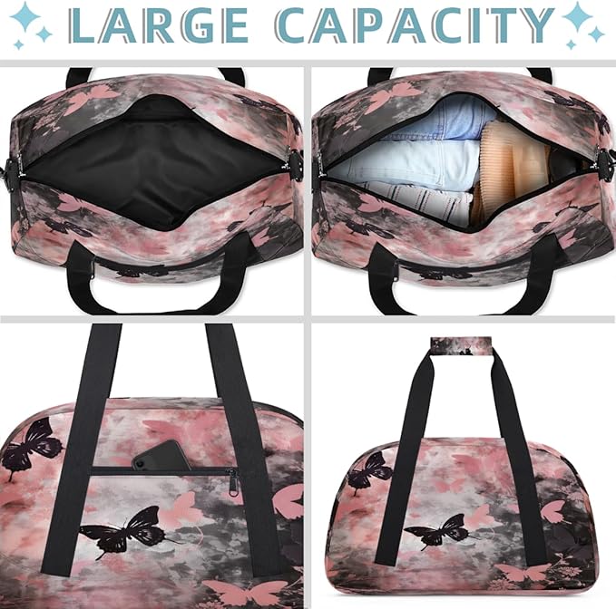 Duffle Bag for Women Men, Pink And Black Butterfly Gym Bag for Travel Sports, Lightweight Waterproof Weekender Overnight Bags with Adjustable Strap