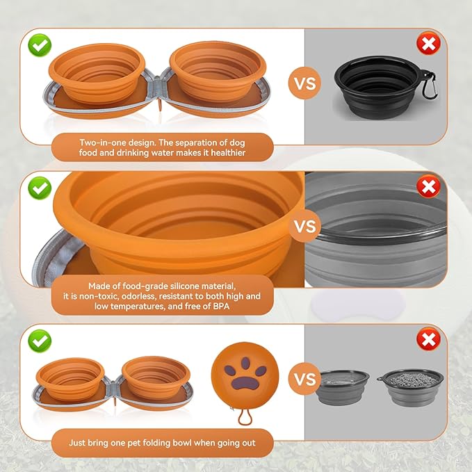 Collapsible 2-in-1 Dog Bowls: Leakproof Double Silicone Food & Water Bowl for Travel, Camping, Hiking - Portable Cat & Dog Feeding Supplies (Brown)