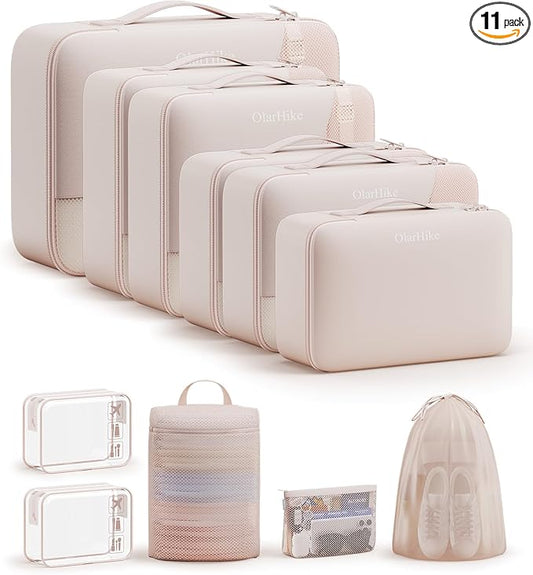 11 Set Packing Cubes for Travel, Gifts for Women Mom Kids, TSA Approved Bags for Makeup, Cosmetic, Toiletry, Suitcase Organizers for Checked Luggage, Cruise Essentials,Airplane Accessories, Beige