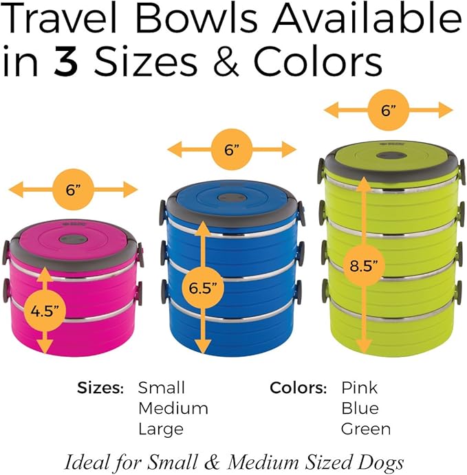Healthy Human Travel Pet Bento Bowls - Human-Grade Stainless Steel & BPA-Free, Leak-Proof Water & Food Container Set for Dogs & Cats, 2-Pack Interlocking Bowls, Includes Spare Clips & Handle (Blue)