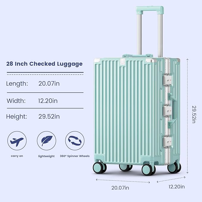 Zipperless Suitcase, 28 Inch Checked Luggage, Hardshell Aluminum Frame Polycarbonate Luggage with Phone Holder, Cup Holder, Charging Port, TSA Lock, Spinner Wheels for Vacations, Mint Green