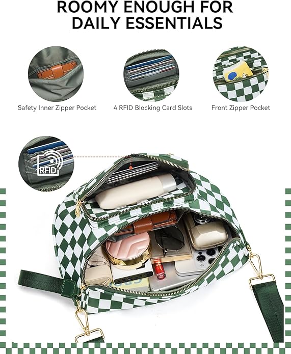 BOSTANTEN Crossbody Bags for Women Cross Body Purse Checkered Bum Bag, Large Diaper Purse for Moms, Perfect for Work/Travel