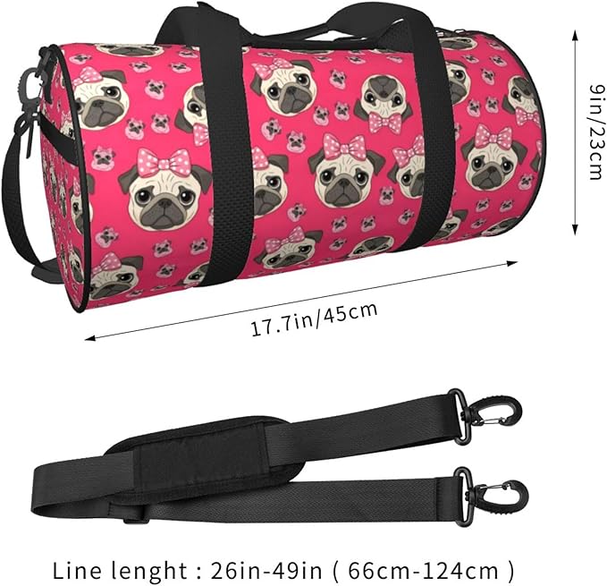 Womens Gym Tote Duffle Bag Cartoon Pug Dog Pink, Sports Overnight Weekender Workout Carry on Bag Ideal for Travel, Swimming, Dance