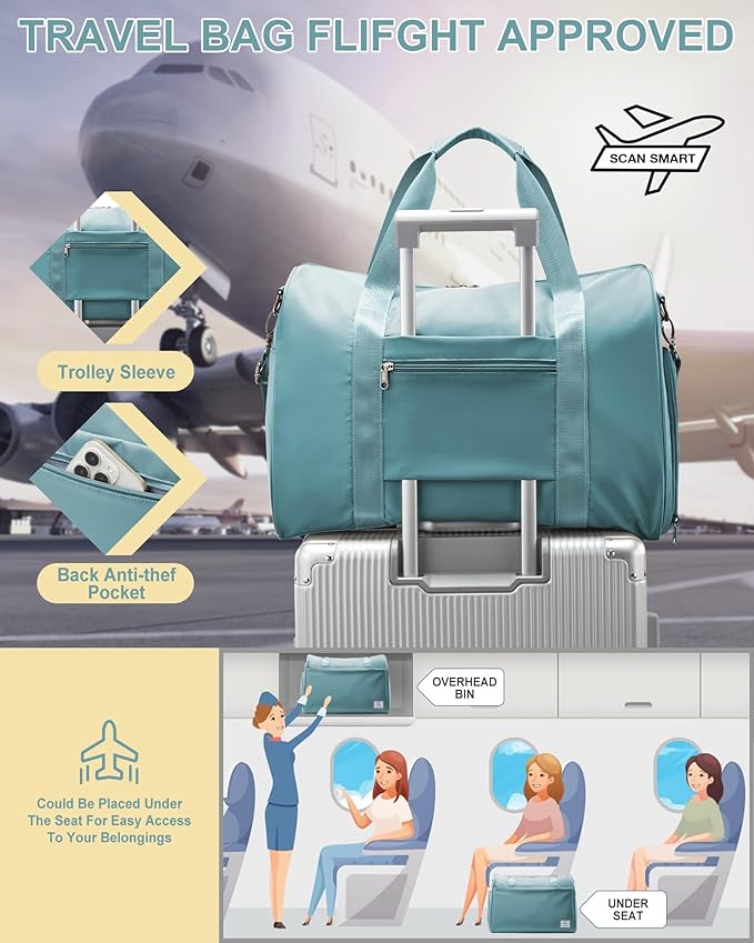 Travel Duffel Bags for Women & Men - Weekender with Shoe & Laptop Compartments - Carry On, Overnight, Gym & Hospital Bag - Light Blue