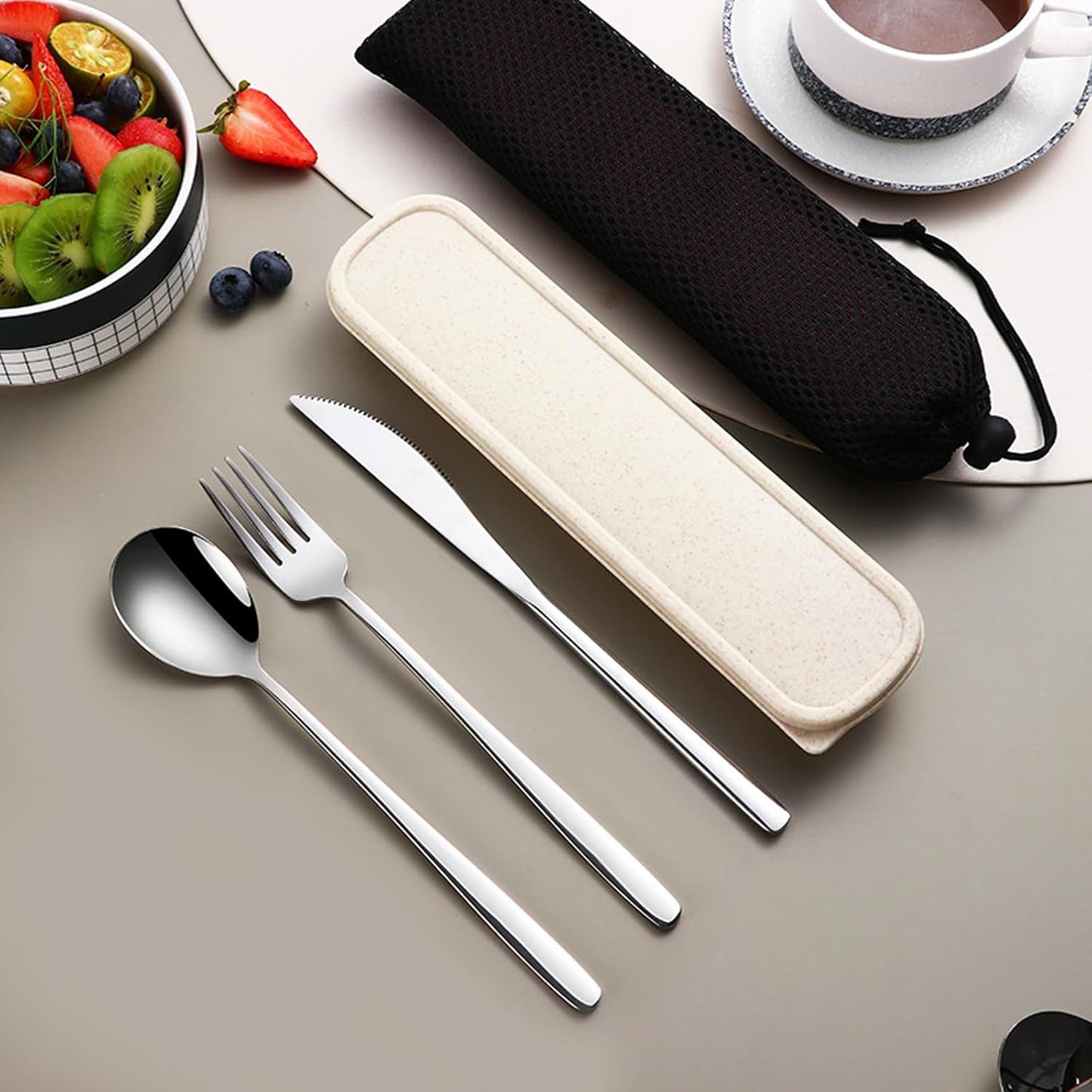 VANRA 3-Piece Portable Travel Utensils Set with Case 18/8 Stainless Steel Flatware Set Reusable Cutlery Set with Fork Spoon Knife for Lunch Travel Camping School Work Picnic (Silver)