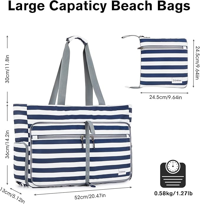G4Free Large Beach Bag, Foldable Tote with Zipper, Waterproof Sandproof Pool Bag