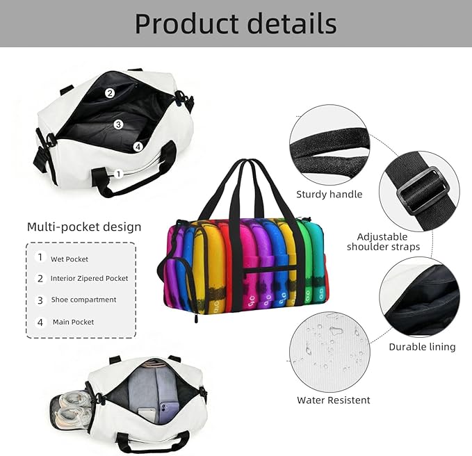 colored crayons Print Gym Bag with Shoe Compartment for Women Men, 17.7in Sports Duffle Weekender Tote, Overnight Travel Duffel Bag Carry On