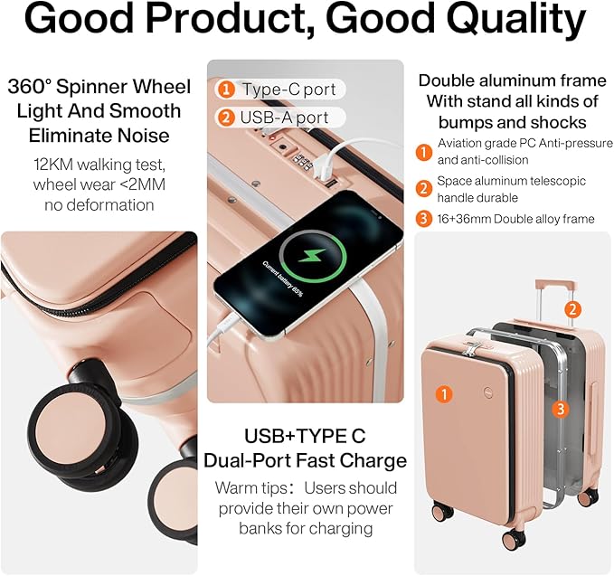 mixi Large Checked Luggage with Cup Phone Holder and Charger Hard Shell Suitcases with Spinner Wheels, 24 Inch Light Pink