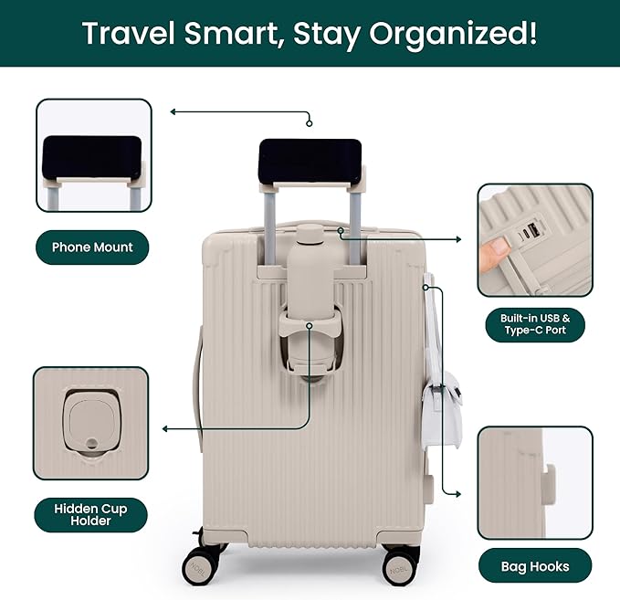 Nobl Travel Carry On Expandable Luggage, Noble Aluminum Frame PC Hard Shell Suitcase, 22.5”x14.2”x9.8” Airline Approved, 360° Spinner Wheels, TSA Locks, USB Charging, Cup & Phone Holder - Sand