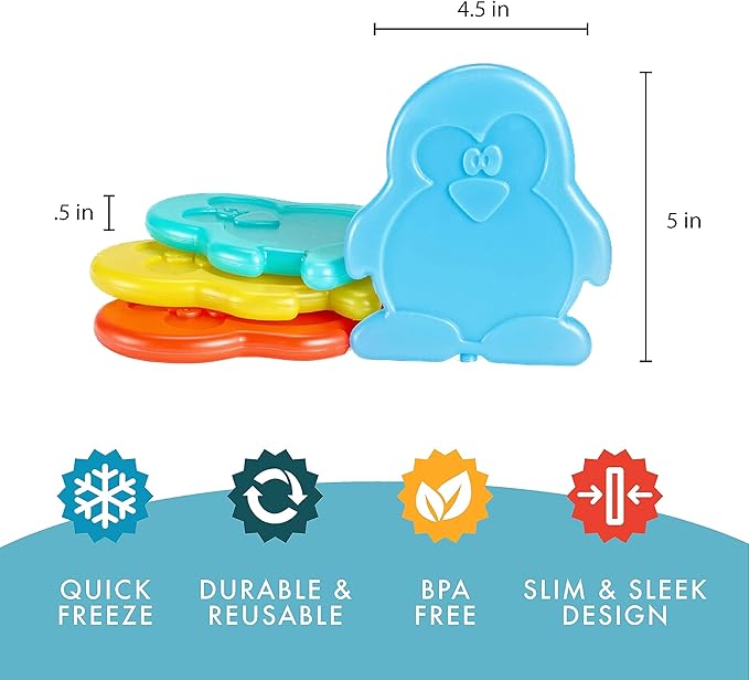 Fit & Fresh Cool Coolers Kids Lunch Box Ice Packs, Slim IcePack for Lunch Bags, Ice Packs Reusable-Multicolored, Set of 4 (Penguin) (Pack of 12)