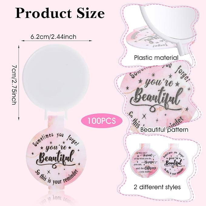 100pcs Light Pink Compact Mirror Bulk Gifts for Women, Mini Inspirational Purse Handheld Makeup Pocket Mirror, Round Portable Makeup Folding Mirrors Gift for Christmas Valentine Daily Travel Coworker