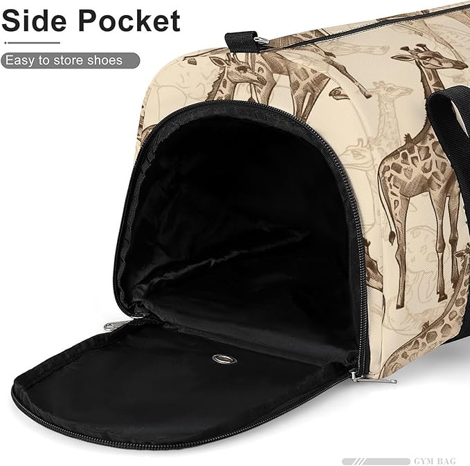 Oxford Cloth Hand Drawn Giraffes Gym Bag,Duffle Bag with Shoes Compartment And Adjustable Shoulder Straps，Weekender Bags for Men Women.