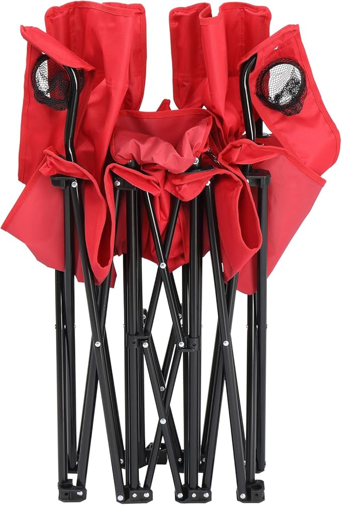 Double Folding Camping Chair W/Umbrella Fold Up Table Beverage Holder Carrying Bag Cooler for Patio Pool Park Outdoor Beach, Picnic, Portable (Red)