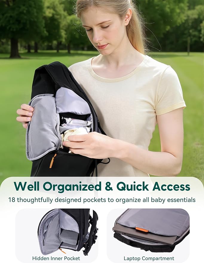 BABELIO Grid Wizard Diaper Bag Backpack - Multi Function Waterproof Diaper Bag, Travel Essentials Baby Bag with Insulated Bottle Holders, Baby Shower Gifts, Black