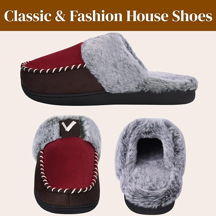 VONMAY Women's Memory Foam Slippers Moccasin Slip-on Scuff House Shoes Fuzzy Faux Fur Lining Indoor Outdoor for All Seasons