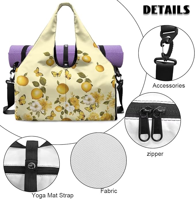 Travel Carry On Bag for Women with Yoga Mat Holder Strap, Lemon Gym Duffle Bag with Shoes Compartment, Wet Pocket, Gym Backpack Carring Workout Stuff Accessories