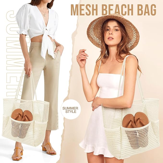 KPX Beach Bag with Mini Pocket, Beach Tote Bags for Women Large Foldable Mesh Swimming Pool Travel Bags - Sandproof