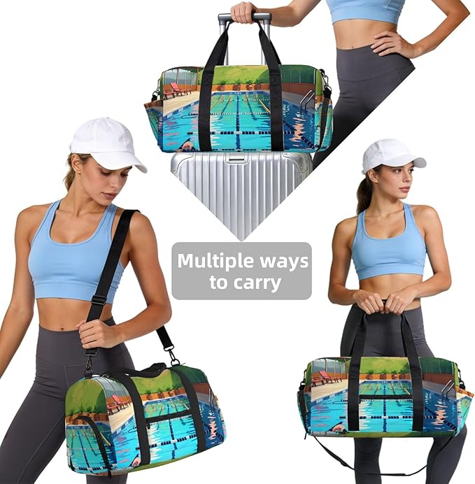 Flamingo and swimming pool Print Gym Bag with Shoe Compartment for Women Men, 17.7in Sports Duffle Weekender Tote, Overnight Travel Duffel Bag Carry On