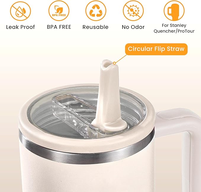30oz Leak Proof Lid for Stanley Quencher H2.0 Tumbler, Flip Straw Lid Replacement 30 oz Tumbler No Spill Cover Top for Stanley Protour Stanley Cup Accessories, 2 Pack(Cream,Black)