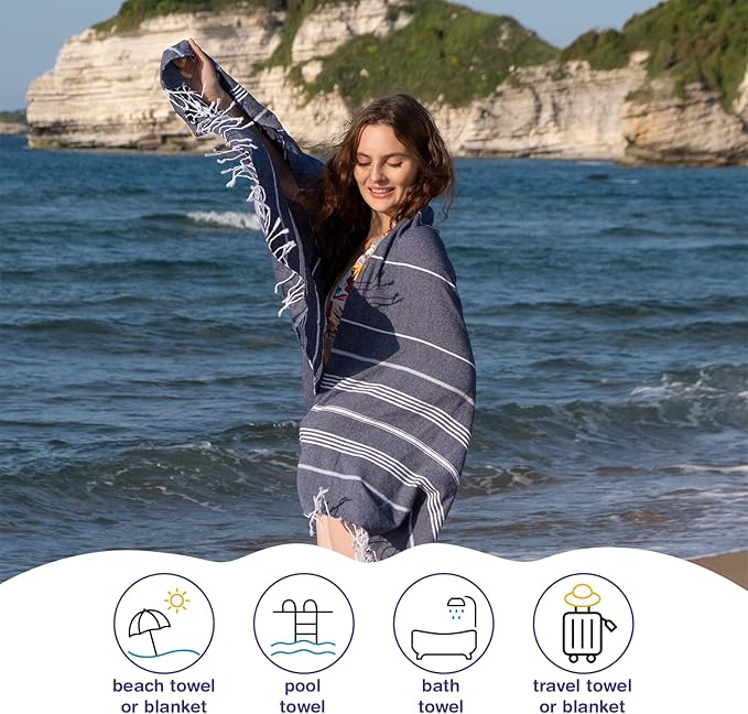 Turkish Beach Towels, Pack of 6 | Oversized, Quick Dry, Sand Free | 100% Cotton, Large 38x71 Towels for Beach, Pool, Travel | Ultra-Soft, Compact, and Absorbent | Navy