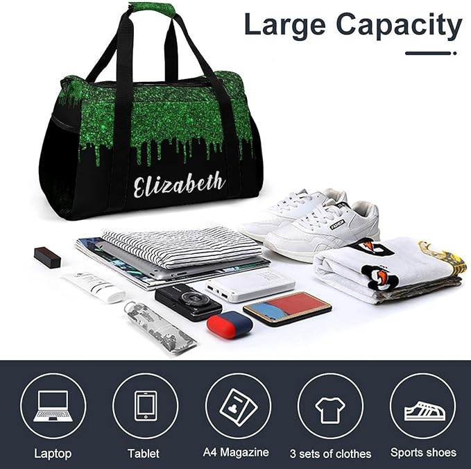 Green Black Sparkle Glitter Print Waterproof Duffel Bag Gym Dance Sport Perform Training Travel Bag for Teens Adults Women Men Multifunctional Backpack