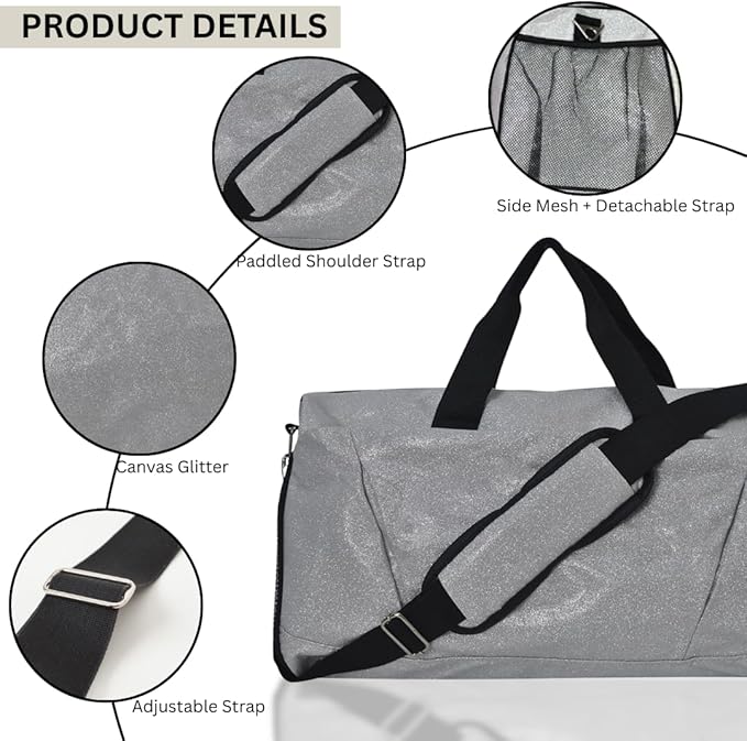 NGIL Glitter Cheers Sports Gym Duffel with Shoe Compartment and Small Carry on Travel Tote Bags for Women, Gym bag, Overnight bags for Women, Cheer Bag (Glitter-Silver)