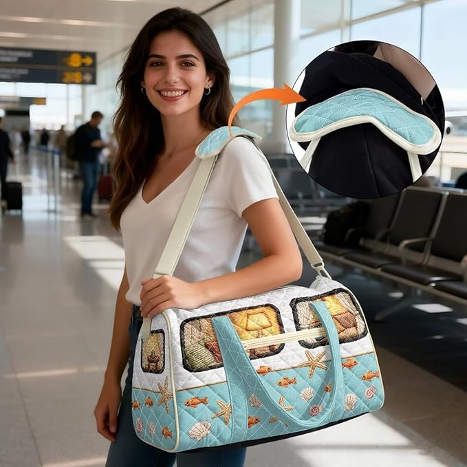 COEQINE Quilted Duffle Bags for Women Travel Cool Quilted Tote Bag Large Car Blue Camper Summer Beach Themed Weekender Bag Designer Carry On Bags