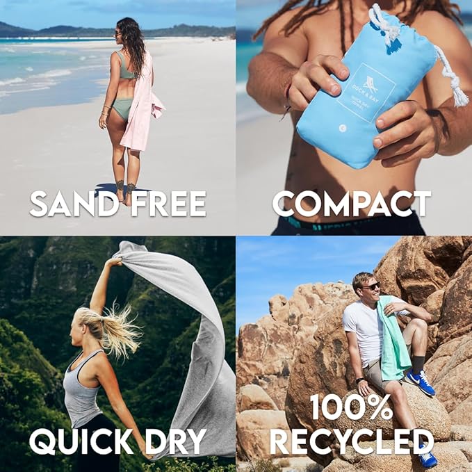 Dock & Bay Beach Towel - Quick Dry, Sand Free - Compact, Lightweight - 100% Recycled - Includes Bag - Essential Set of 4 - Large (160x90cm, 63x35)