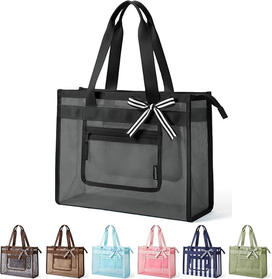 BAGSMART Mesh Beach Bag with Zipper Pocket, Large Beach Tote Bags for Women | for 40 oz Bottle, Removable Ribbon Bow, Sandproof & Washable, Cruise Essentials, for Swim, Pool, Gym, Vacation, Travel Bag
