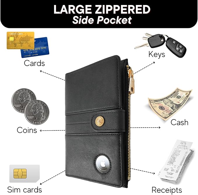 elzama Women's RFID Blocking Passport Wallet, Black with Airtag Holder, Includes Keychain & Pen Holder, Zippered, 11 Pockets, Faux Leather, Slim