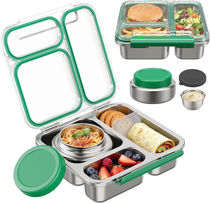 Stainless Steel Bento Box Kids Adult with 7oz Insulated Food Jar, Transparent Lid Metal Lunch Box With Soup Thermal Jar, Lunch Box Container with Removable Divider & Sauce Cup School (Green)