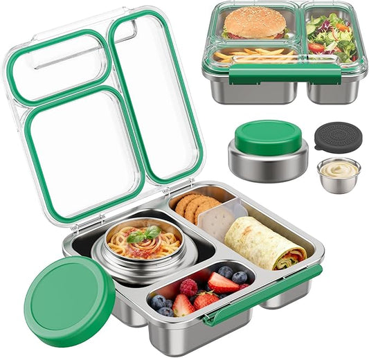 Stainless Steel Bento Box Kids Adult with 7oz Insulated Food Jar, Transparent Lid Metal Lunch Box With Soup Thermal Jar, Lunch Box Container with Removable Divider & Sauce Cup School (Green)