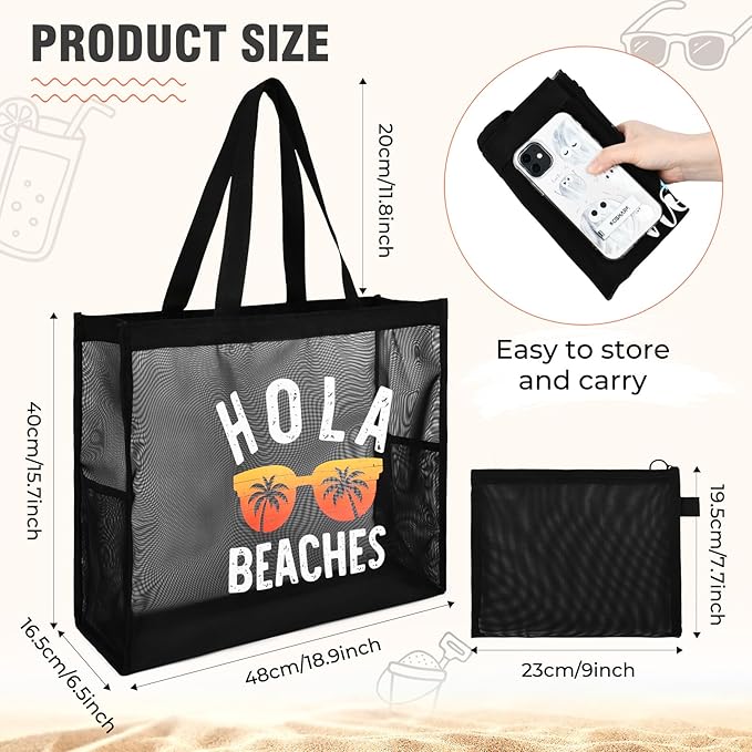 30L Large Beach Bag with Pouch Foldable Sandproof Lightweight Mesh Tote Bag with Two Pockets for Swimming Travel