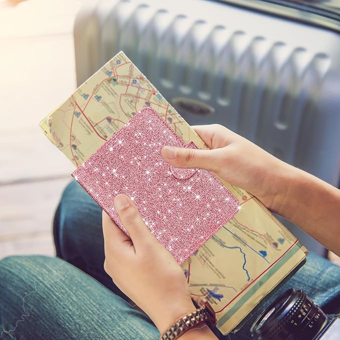 HOTCOOL Passport Holder Travel Essentials Airplane & Cruise Essentials Ship Leather Wallet Cover Case RFID Blocking Women & Men Vacation Travel Accessories Gifts Deals, Glitter - Pink