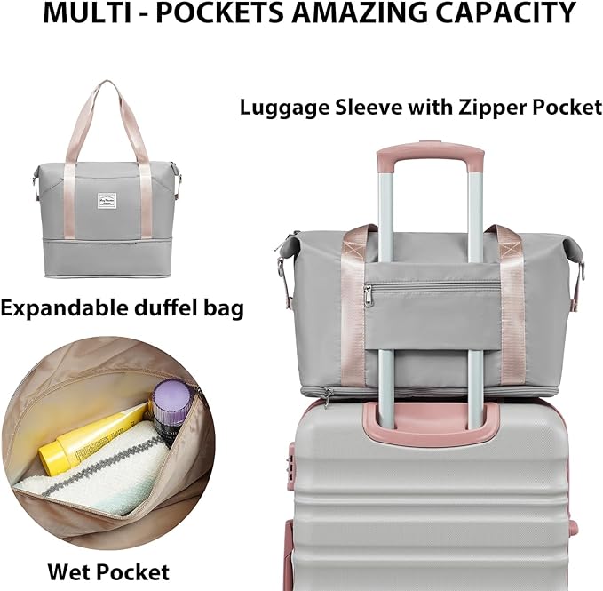 LONG VACATION 6 Piece Luggage Set Carry on Suitcase with ABS+PC hardshell, Spinner Wheels & YKK Zipper TSA Lock (GREY-PINK, 6 piece set)