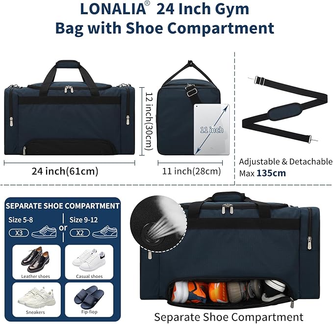 24 inch Gym Bag with Shoe Compartment - 55L Mens Duffle Bag for Sport Travel Workout-Navy Blue