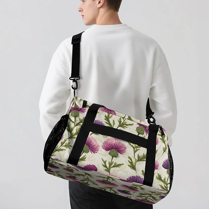 Scottish Thistles Flower Duffle Bag Gym Bag for Workout Travel Tote with Detachable Straps